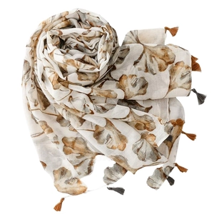 Lightweight ivory silk scarf with ginkgo leaf print and dual-tone decorative tassels