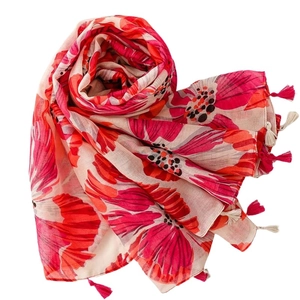 Elegant red floral print scarf with soft tassels and lightweight cotton linen texture