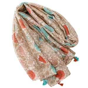 Floral voile shawl scarf with colorful flower patterns and fringe tassels on white background
