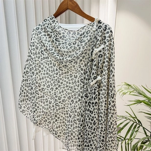 Elegant leopard print chiffon shawl with Chinese button knots and lightweight texture