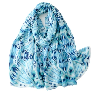 Blue geometric tie-dye scarf for women with shimmering silver metallic threads