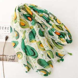 Linen feel cotton scarf with cartoon avocado print and green tassels for sun protection