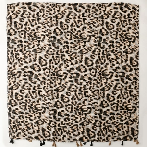 Lightweight cotton-linen blend shawl with classic animal leopard print and tassel edges