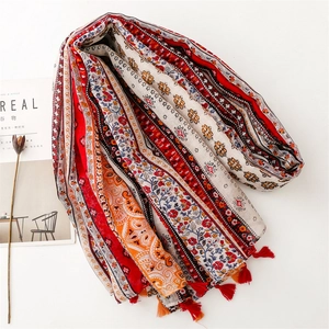 Vintage bohemian floral print shawl with red tassels for summer travel sun protection