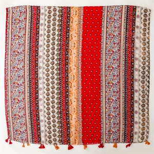 Bohemian ethnic style printed shawl with colorful vertical stripes and fringed tassels