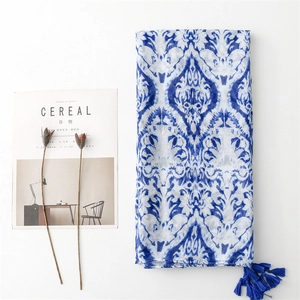 Blue and white floral damask scarf with tassels and breathable cotton-linen texture