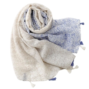 Floral cotton linen scarf with blue tassel fringe on white background, pastoral style shawl