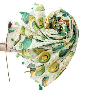 Fresh avocado print cotton linen scarf with green tassels on white background