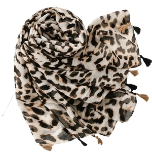 Chic leopard print cotton linen scarf with elegant black and khaki fringe tassels