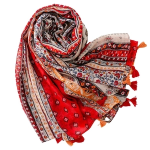 Bohemian ethnic floral print shawl scarf with tassels in vibrant red and orange colors