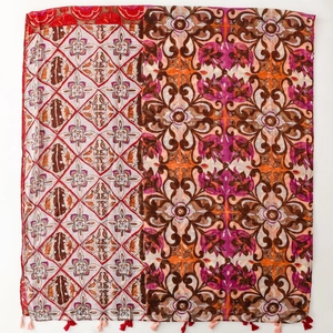 Bohemian ethnic print scarf shawl with tassels and mixed geometric floral pattern