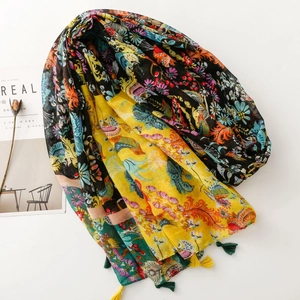 Floral cotton linen scarf with vintage bird print and colorful tassels for sun protection