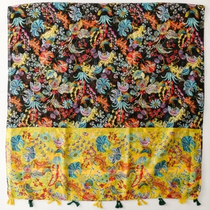 Bohemian floral printed cotton-feel shawl with vibrant tassels and bird motifs