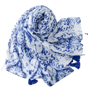 Blue and white porcelain style cotton scarf with tassels and retro floral prints