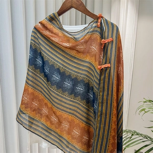 Detail of ethnic geometric shawl featuring orange button fasteners and lightweight fabric
