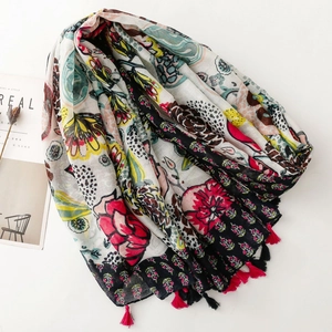 Colorful floral cotton linen scarf with red flowers and decorative tassel charms