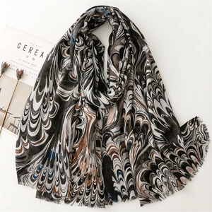 French style thick cotton linen scarf with peacock marble pattern and frayed edges