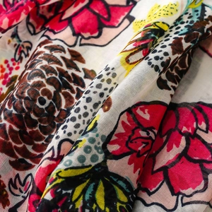 Macro shot of colorful floral print scarf showing detailed fabric texture and patterns