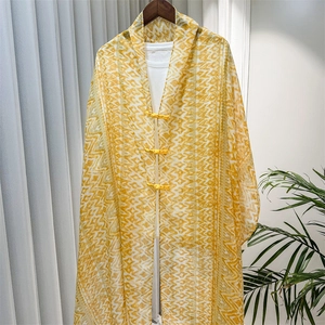 Detail of yellow geometric pattern shawl with traditional Chinese button closures