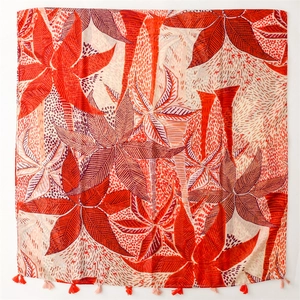Tropical orange leaf print cotton linen scarf with tassels for sun protection