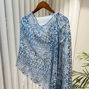 Detail of blue and white geometric pattern shawl with traditional Chinese frog buttons