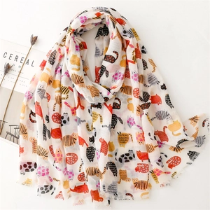 Cartoon Cat Print Scarf Polyester Voile Lightweight Sunscreen Shawl Fashion Wrap With Fringed Edges For Women