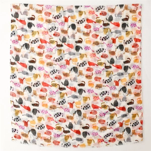 Lightweight cotton linen scarf with colorful cartoon cat patterns for sun protection