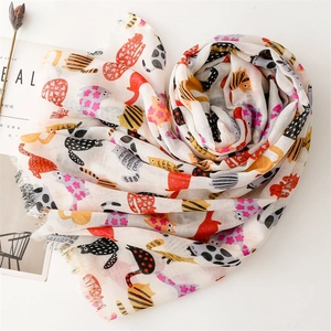 Linen feel cotton scarf featuring colorful cartoon cat patterns with fringed edges