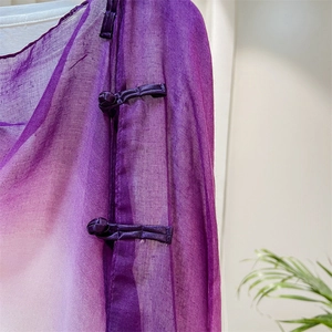 Close-up of handmade frog fasteners on a purple gradient Chinese style chiffon shawl