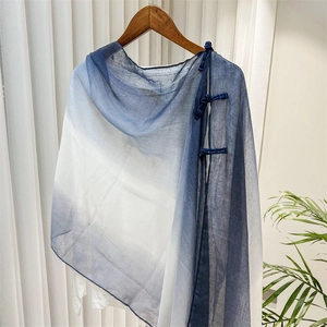 Detail of blue gradient Chinese shawl featuring traditional knots on soft fabric