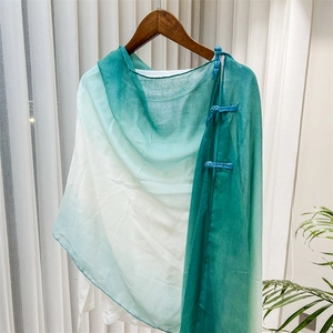 Detail of traditional Chinese frog buttons on a gradient green linen scarf