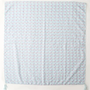 Light blue cotton-linen feel scarf with heart prints and decorative tassels for women