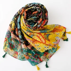 Exotic floral printed scarf with colorful flower and bird patterns and fringe tassels