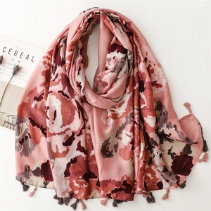 Pink floral print scarf with soft fringe and artistic ink painting style on white background