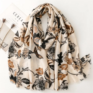 Écharpe Longue Imprimé Fleurs Pivoine Vintage Femmes Chaud Coton Polyester Châle Bords Effilochés Style Bohème Automne Hiver
