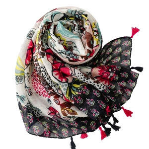 Lightweight cotton linen feel scarf with vibrant floral print and rose red tassels