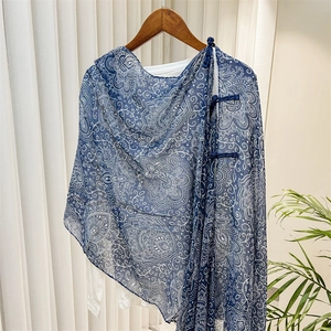 Detail of blue and white ethnic paisley shawl featuring traditional Chinese knot buttons