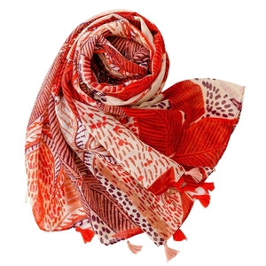 Vibrant orange cotton linen scarf with leaf print and dual-tone tassels for sun protection