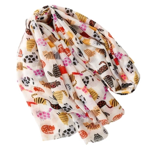 Linen feel scarf with colorful cartoon cat prints and fringe edges for sun protection