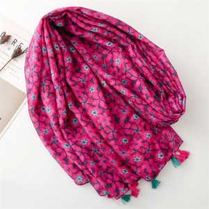 Bohemian floral scarf in rose pink with vibrant fringe tassels for summer sun protection