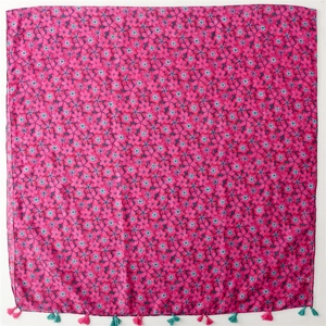 Pink cherry blossom square scarf with bi-color fringe tassels on white background