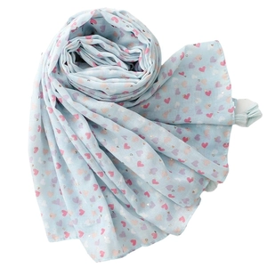 Light blue cotton linen scarf with gold foil heart prints and stylish fringe tassels