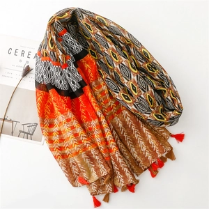 Detailed view of ethnic geometric print scarf with boho tassels and soft fabric texture