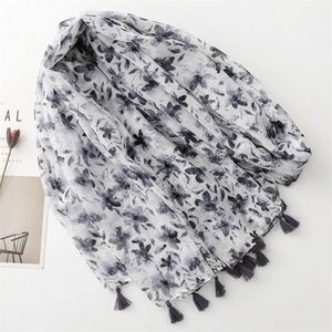 Ink floral pattern chiffon scarf with tassels, elegant spring summer sun protection shawl