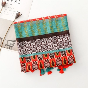 Detailed view of ethnic geometric pattern scarf with colorful tassels and soft fabric texture