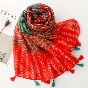 Close-up of geometric print scarf with colorful fringe tassels and ethnic patterns