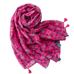 Rose red floral scarf with tassels, ethnic style lightweight sun protection shawl wrap