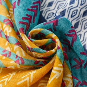 Detail of soft lightweight shawl showing ethnic geometric patterns and woven texture