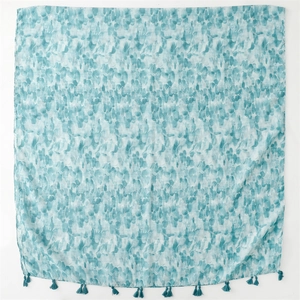 Retro linen feel scarf with green watercolor print and tassels for sun protection