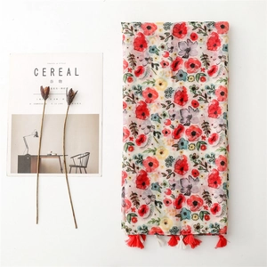 Floral print summer scarf with tassels, lightweight pink shawl for sun protection